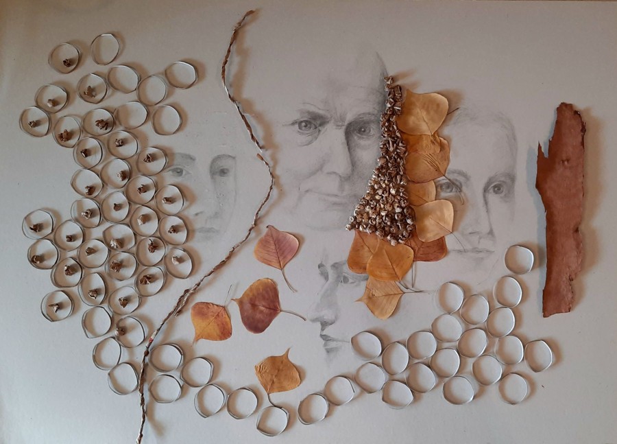 Pencil portrait with dried leaves and metal rings generational memory mixed media art Pavla Parik