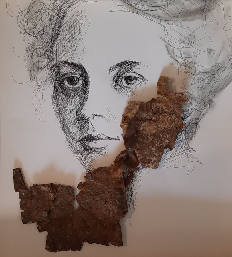 Female face pencil drawing with rusted metal trauma symbolism mixed media art Israel