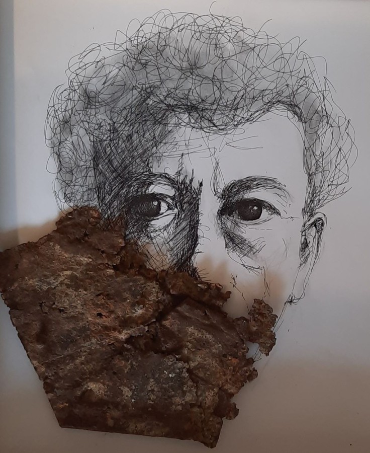 Male face pencil drawing rusted metal silencing symbolism mixed media painting Pavla Parik