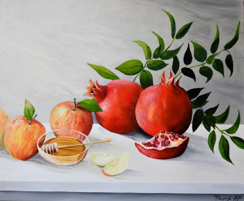 Pomegranates apples and honey Rosh Hashana still life acrylic painting Pavla Parik