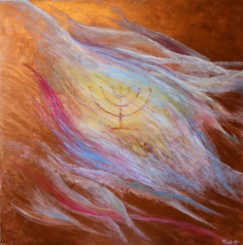Glowing menorah emerging from colorful light abstract acrylic painting Israeli artist