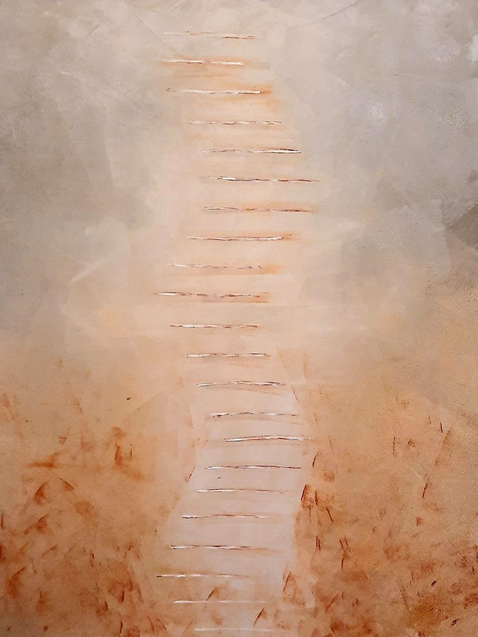 Luminous ladder ascending misty warm beige spiritual contemplative painting Pavla Parik
