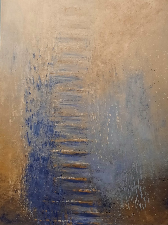 Ethereal blue gold ladder dissolving mist spiritual Jewish abstract painting Israel