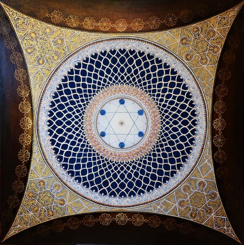 Star of David synagogue dome ceiling gold blue geometric acrylic painting Israel