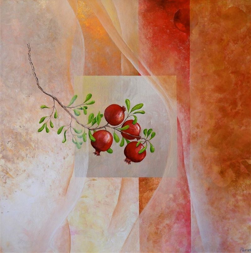 Pomegranate branch red fruits warm abstract background Jewish symbol painting Pavla Parik