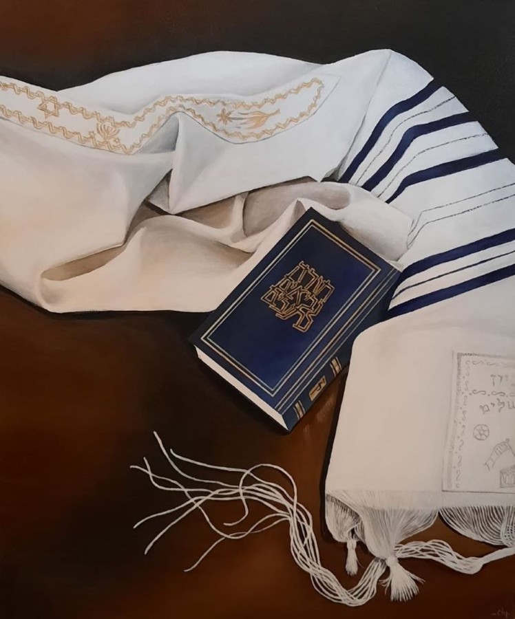 Jewish tallit prayer shawl with siddur book Shabbat still life painting Israeli artist