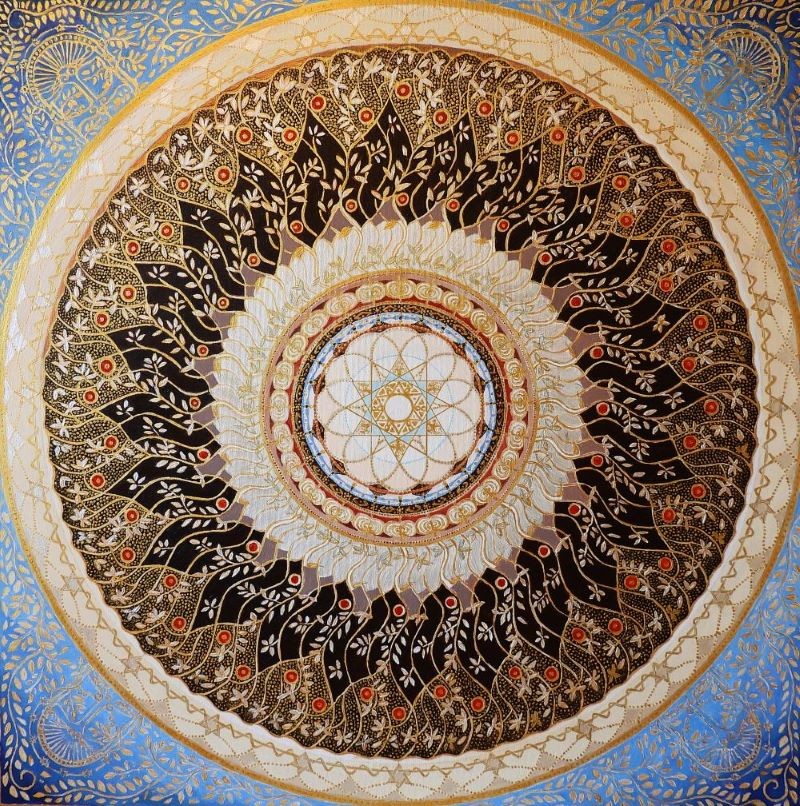Circular mandala Star of David pomegranates gold floral Jewish art painting Israel